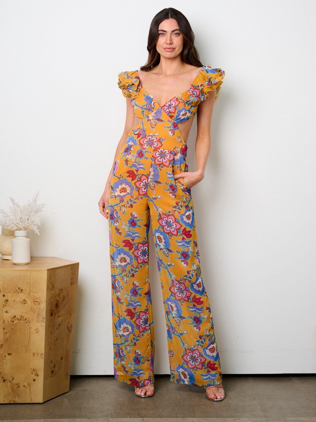 RUFFLE SLEEVE MULTI PRINT JUMPSUIT
