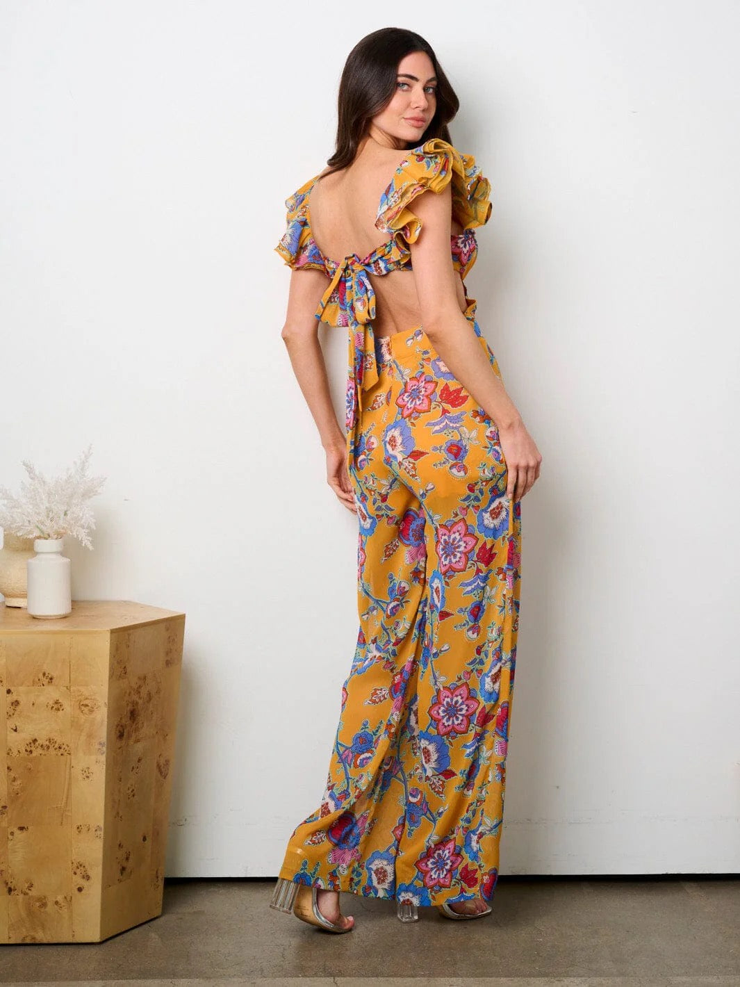 RUFFLE SLEEVE MULTI PRINT JUMPSUIT