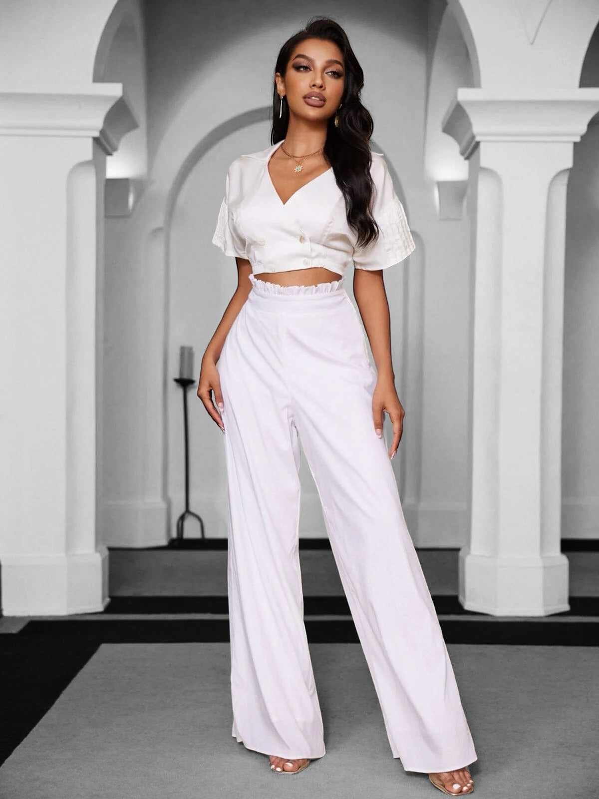 Wide Leg Pants White Pants And Crop Top Set SHORT SLEEVE CROP TOP