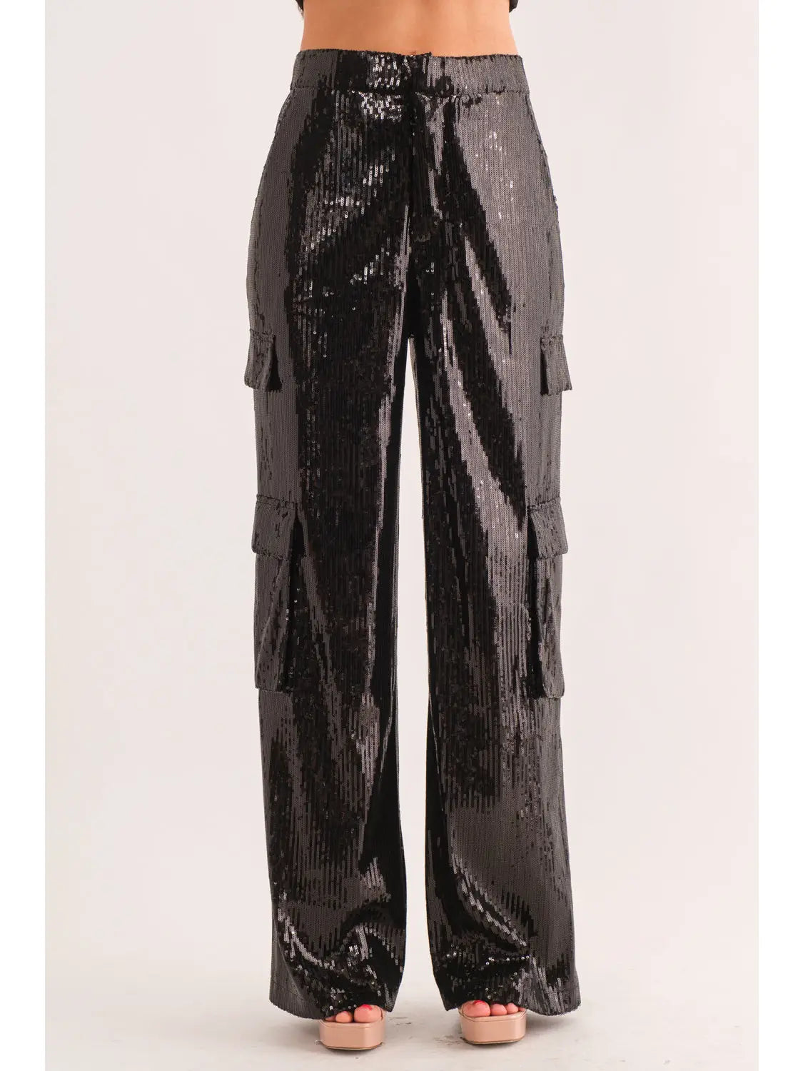 Sequins Cargo Trousers with Side Flap Pockets