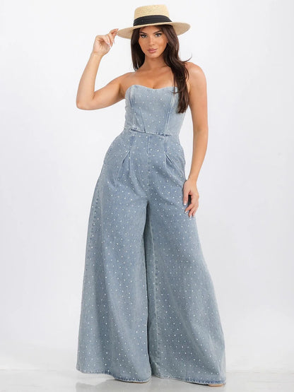 WIDE LEG STUDS DETAILED DENIM JUMPSUIT