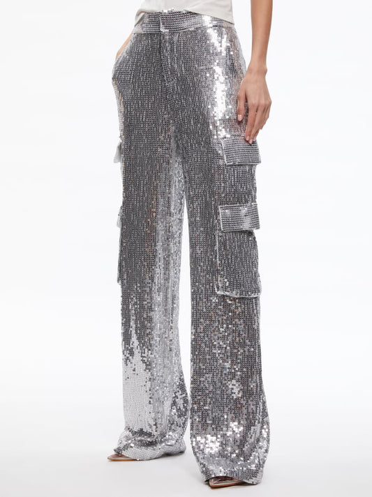 Sequins Cargo Trousers with Side Flap Pockets