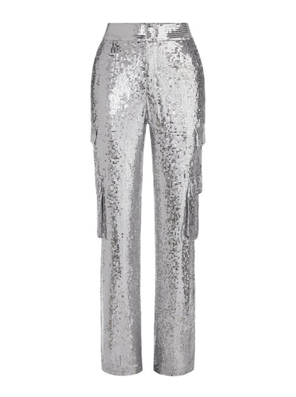 Sequins Cargo Trousers with Side Flap Pockets