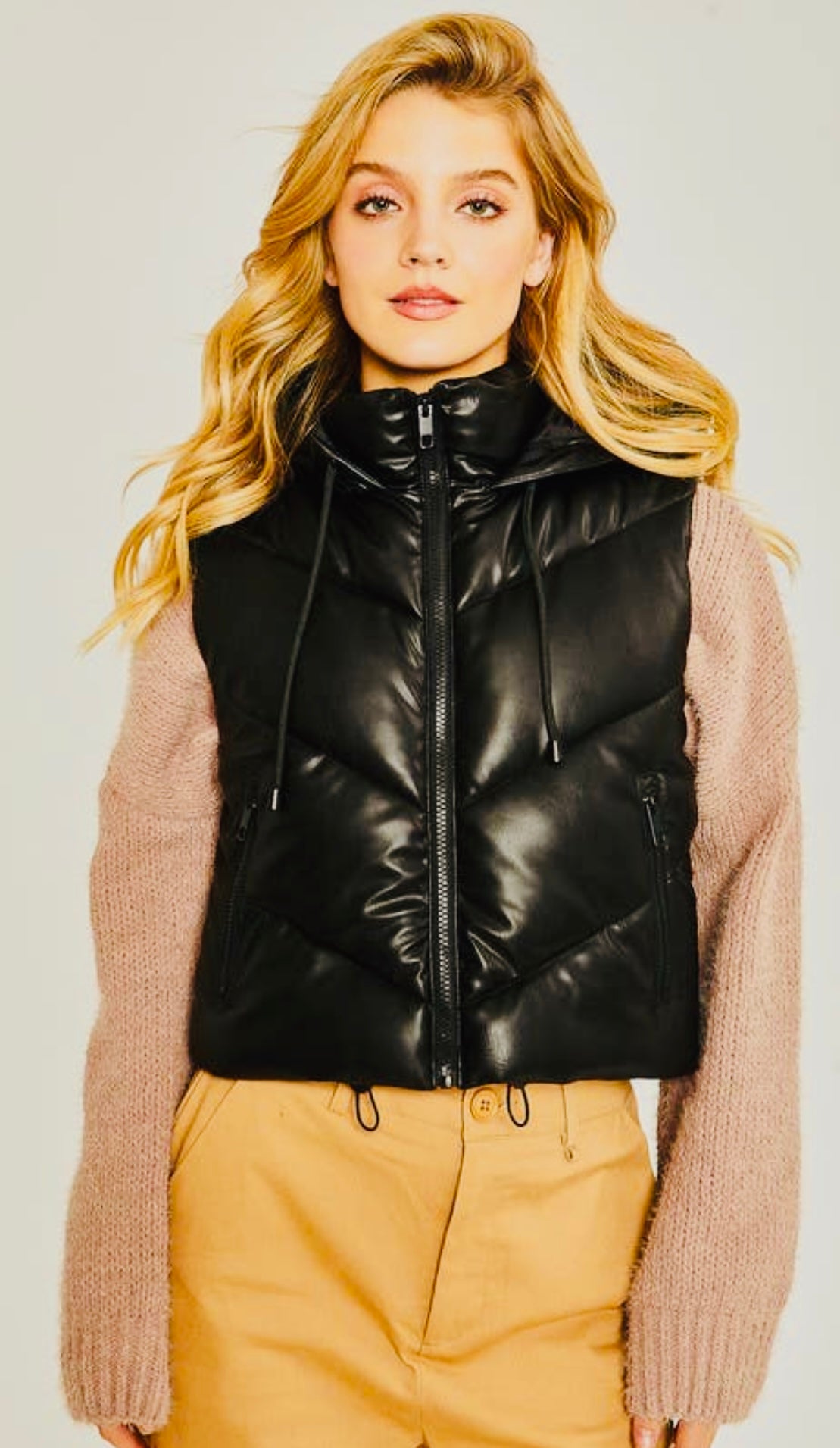 Faux Leather Chevron Puffer Vest