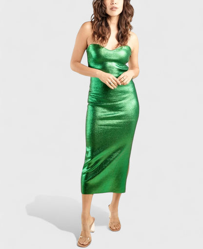 SLEEVELESS SLIT TUBE SHIMMER MAXI DRESS