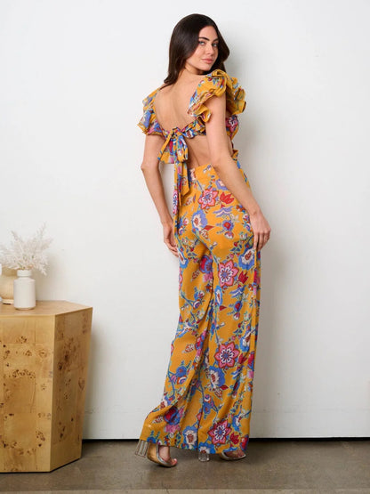 RUFFLE SLEEVE  MULTI PRINT JUMPSUIT