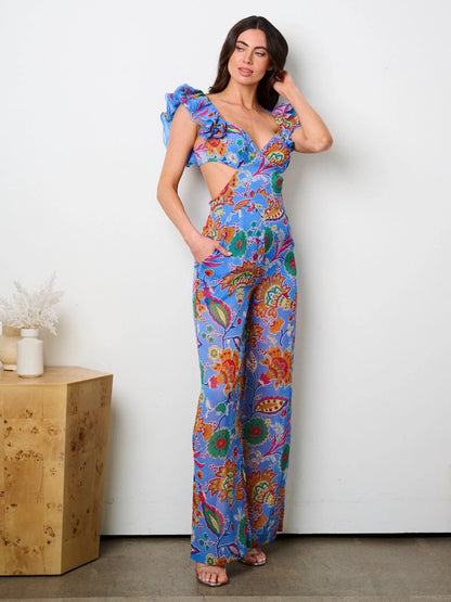 RUFFLE SLEEVE CUT OUT OPEN BACK MULTI PRINT JUMPSUIT