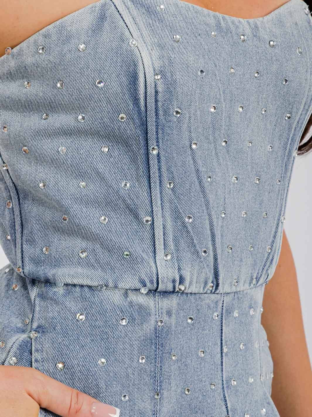 WIDE LEG STUDS DETAILED DENIM JUMPSUIT