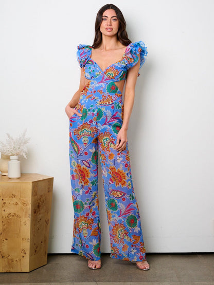 RUFFLE SLEEVE CUT OUT OPEN BACK MULTI PRINT JUMPSUIT