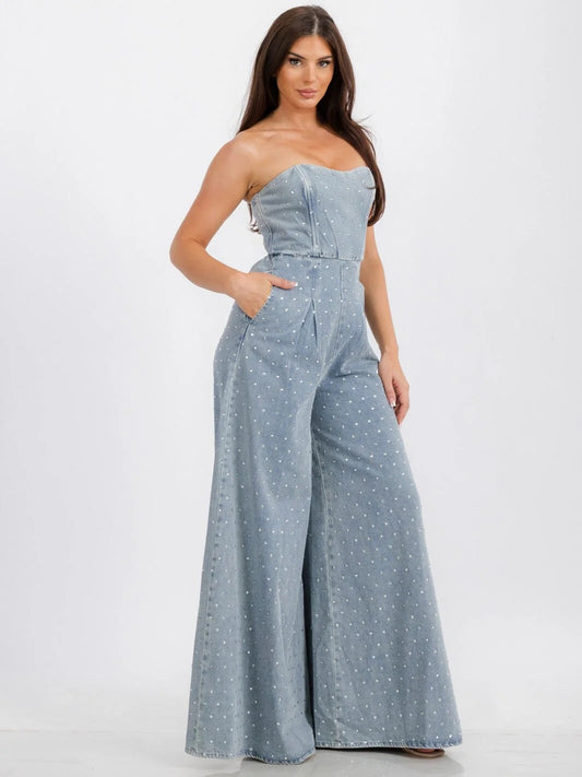 WIDE LEG STUDS DETAILED DENIM JUMPSUIT