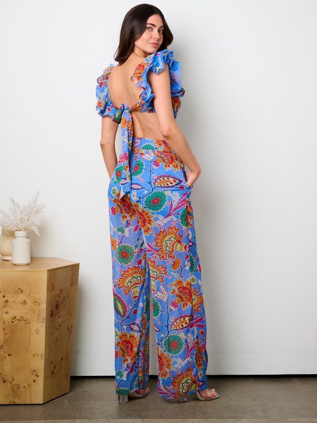 RUFFLE SLEEVE CUT OUT OPEN BACK MULTI PRINT JUMPSUIT