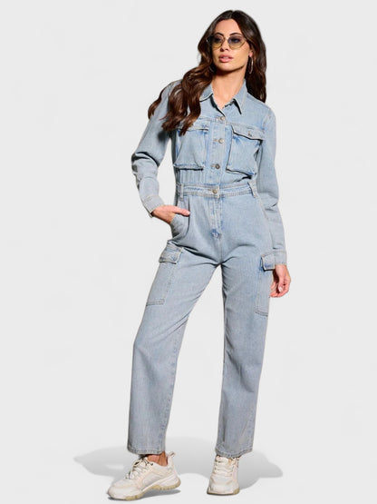 LONG SLEEVE BUTTON UP DENIM JUMPSUIT