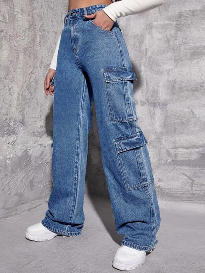 Flap Pocket High Rise Cargo Denim Pants