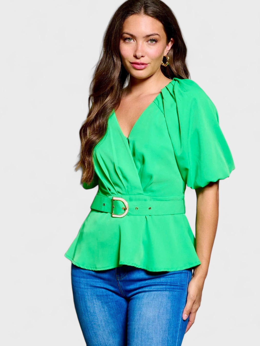 SHORT SLEEVE BELTED BLOUSE PEPLUM TOP