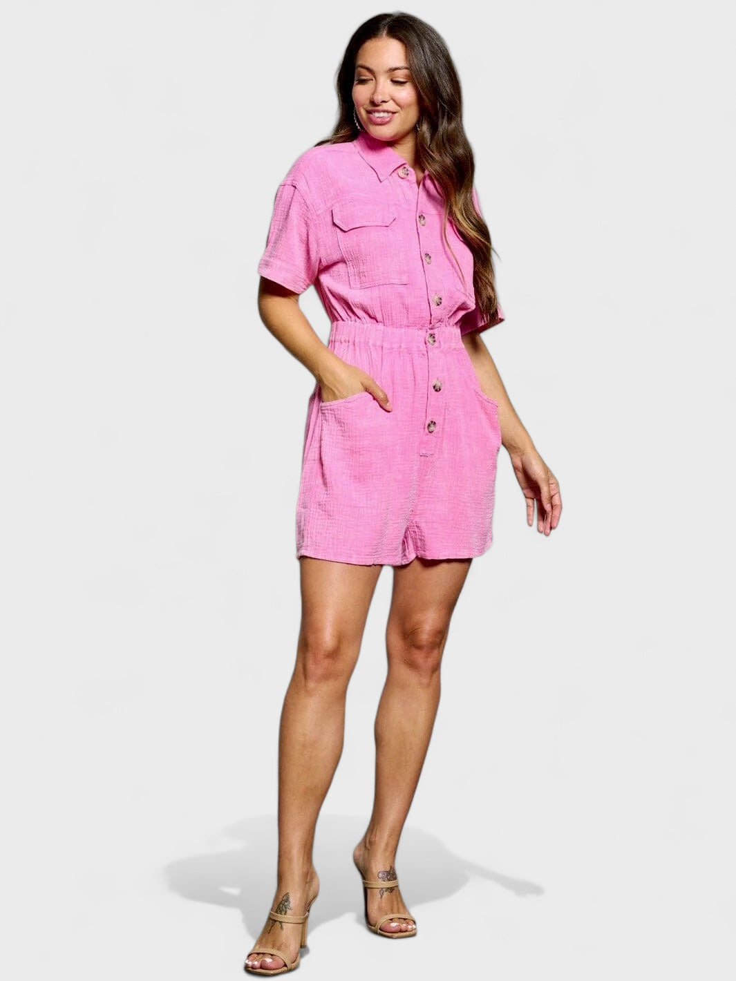 SHORT SLEEVE BUTTON UP POCKETS WASHED ROMPER
