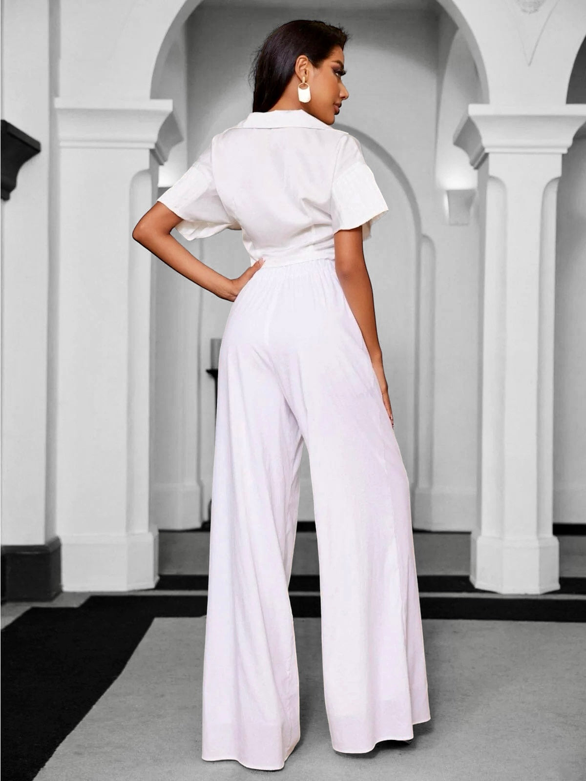 SHORT SLEEVE CROP TOP & WIDE LEG PANTS SET