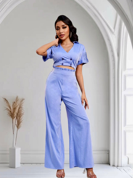 SHORT SLEEVE CROP TOP & WIDE LEG PANTS SET