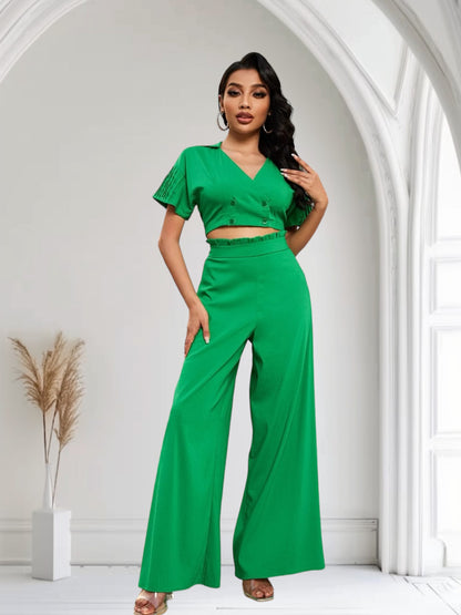 SHORT SLEEVE CROP TOP & WIDE LEG PANTS SET