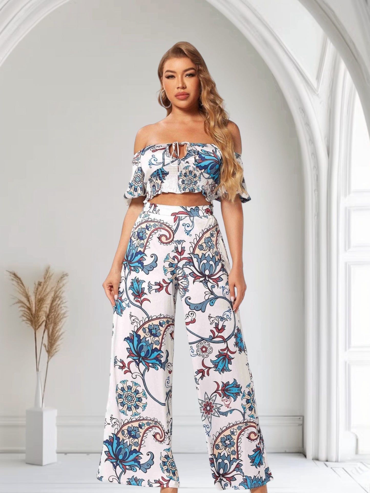 SHORT SLEEVE CROP TOP & WIDE LEG PANTS PRINTED SET