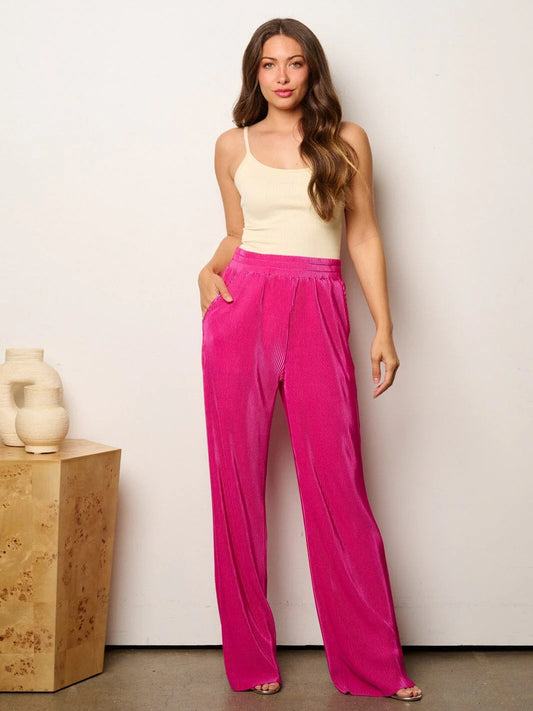 WOMEN'S ELASTIC WAIST WIDE LEG PLEATED PANTS