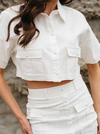 WOMEN'S SHORT SLEEVE BUTTON UP FRONT POCKETS CROP TOP