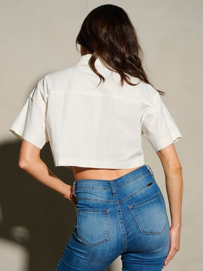 WOMEN'S SHORT SLEEVE BUTTON UP FRONT POCKETS CROP TOP