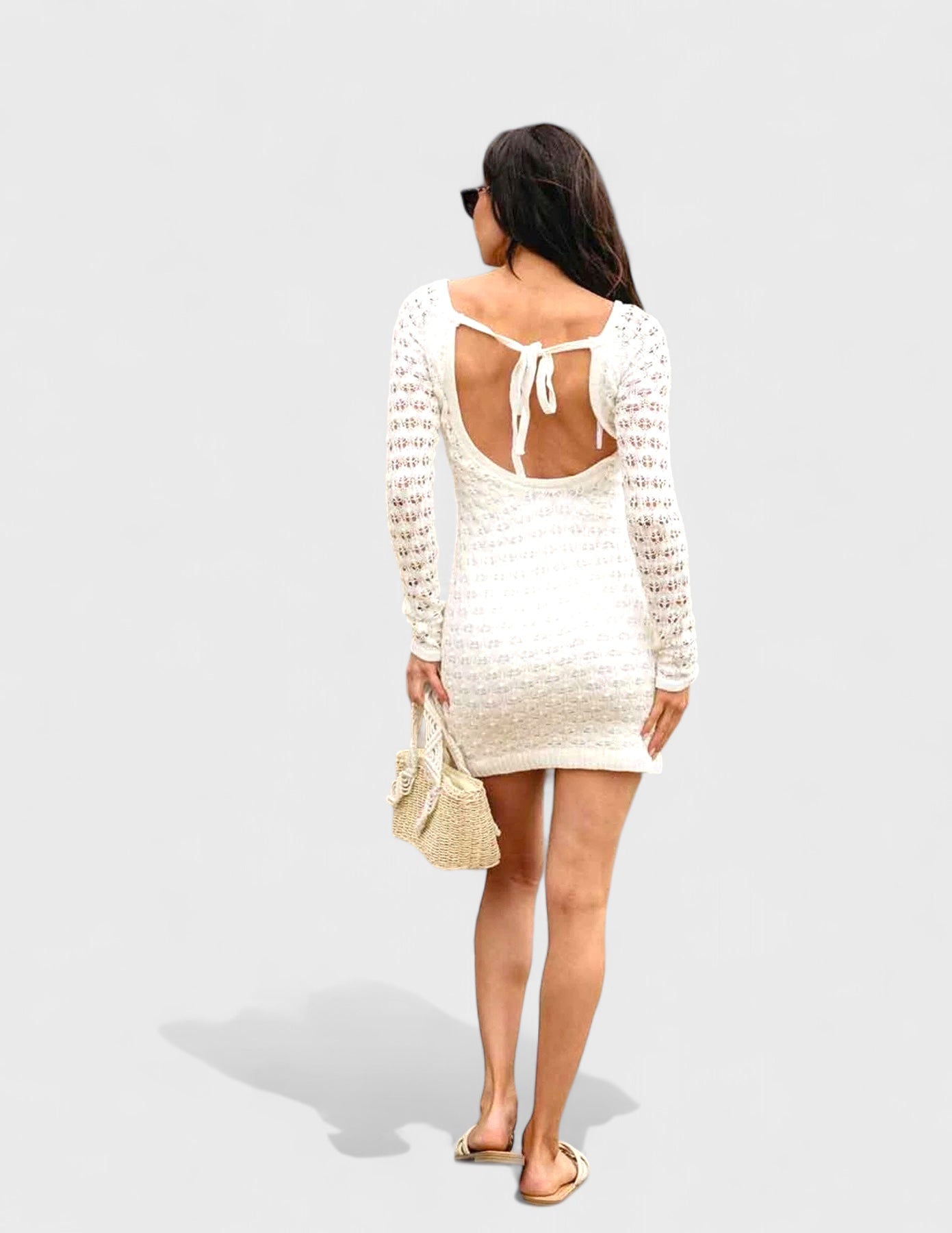 LONG SLEEVE BACK TIE BODYCON KNITTED MINI DRESS