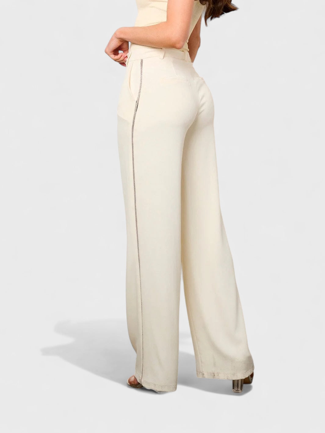 BUTTON CLOSURE SIDE TRIM DETAILED WIDE LEG PANTS