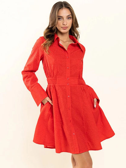 LONG SLEEVE BUTTON UP POCKETS DETAILED MINI DRESS