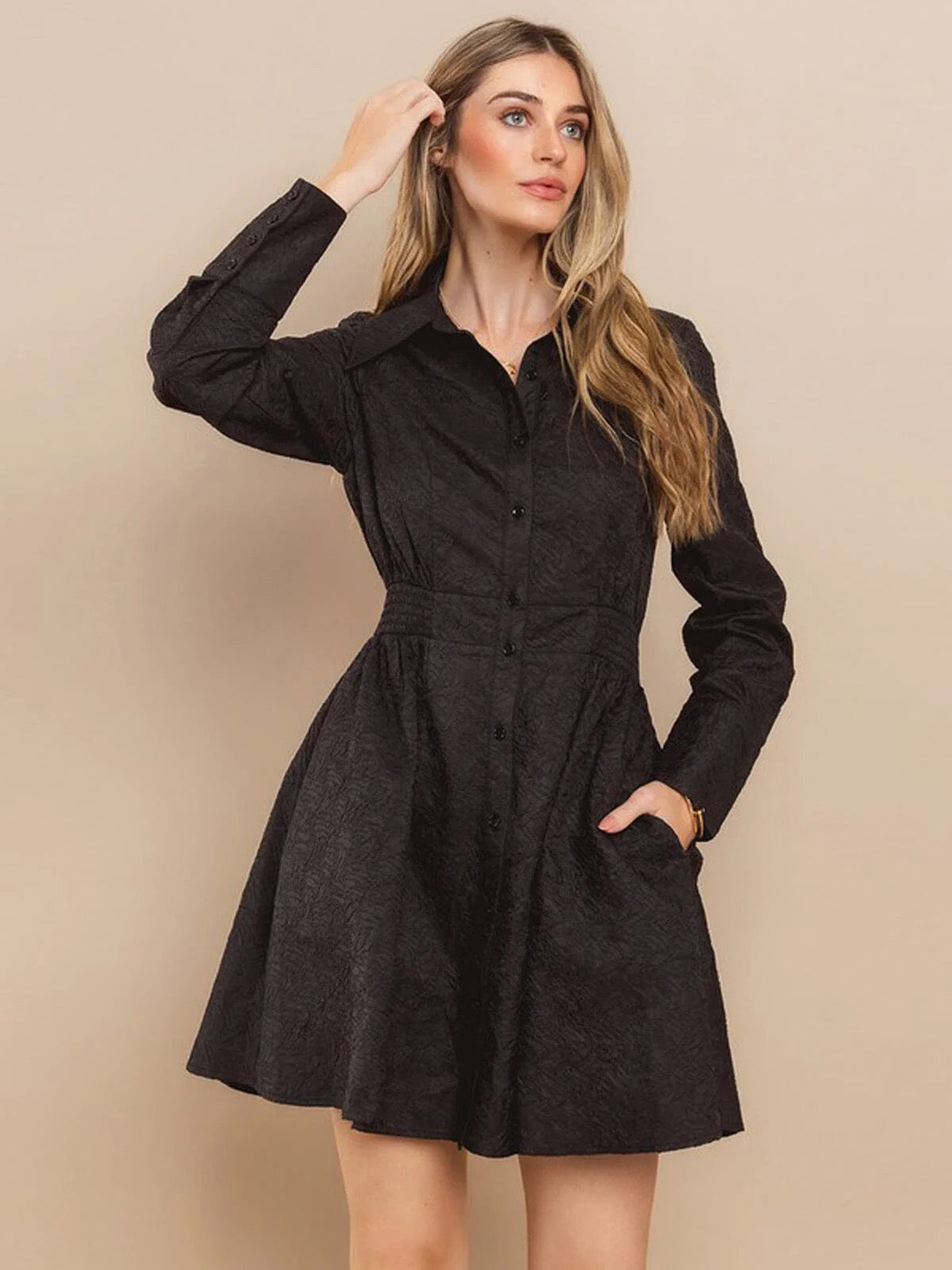 LONG SLEEVE BUTTON UP POCKETS DETAILED MINI DRESS