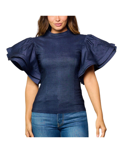 Ruffle Puff Sleeves Denim Top