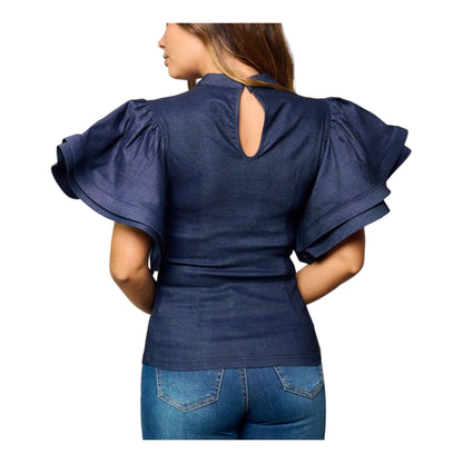 Ruffle Puff Sleeves Denim Top