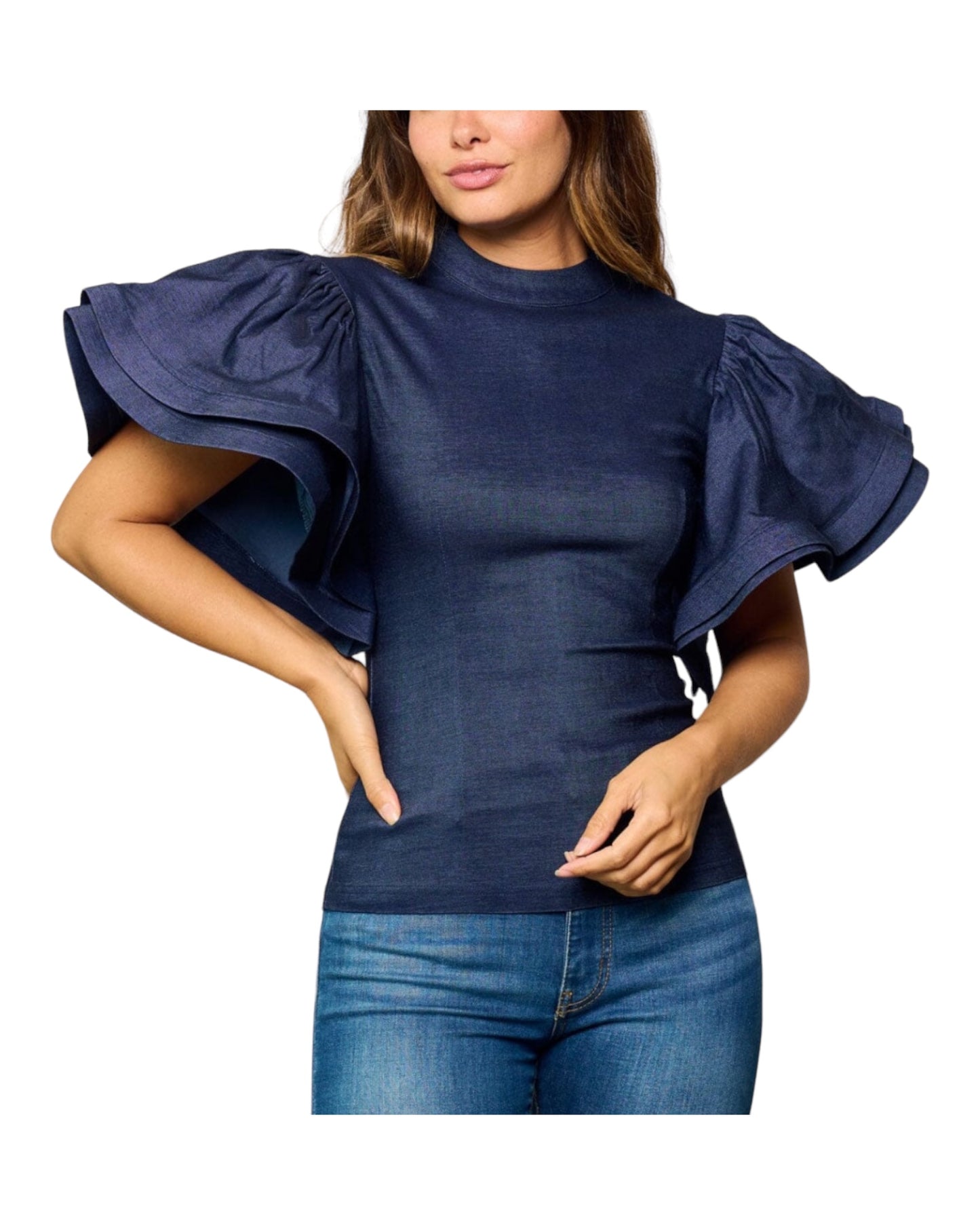 Ruffle Puff Sleeves Denim Top