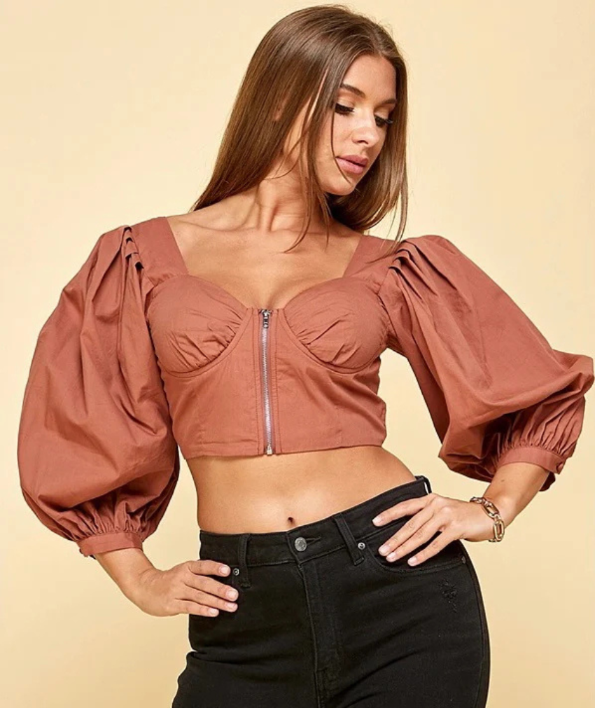 Cropped Puff Shoulder Long Sleeve Top