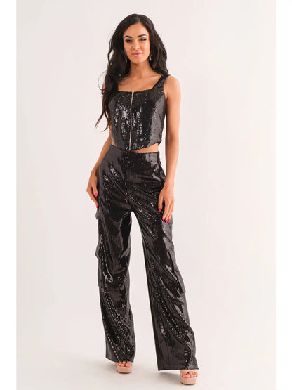 Sequins Cargo Trousers with Side Flap Pockets