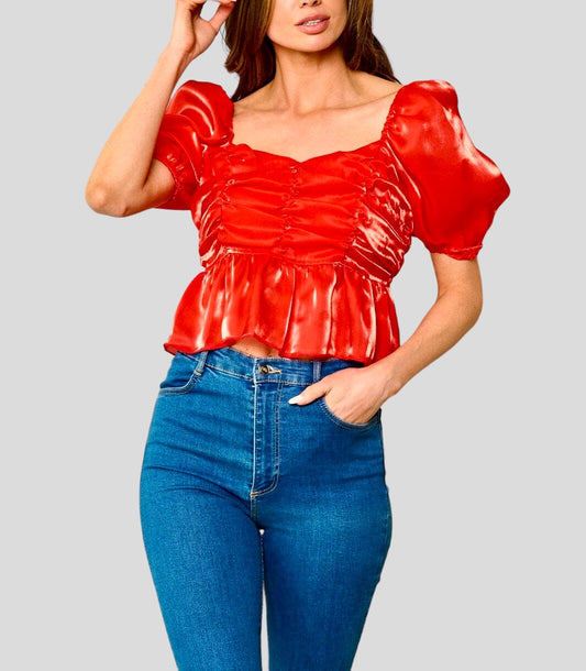 SHORT PUFF SLEEVE RUCHED PEPLUM TOP