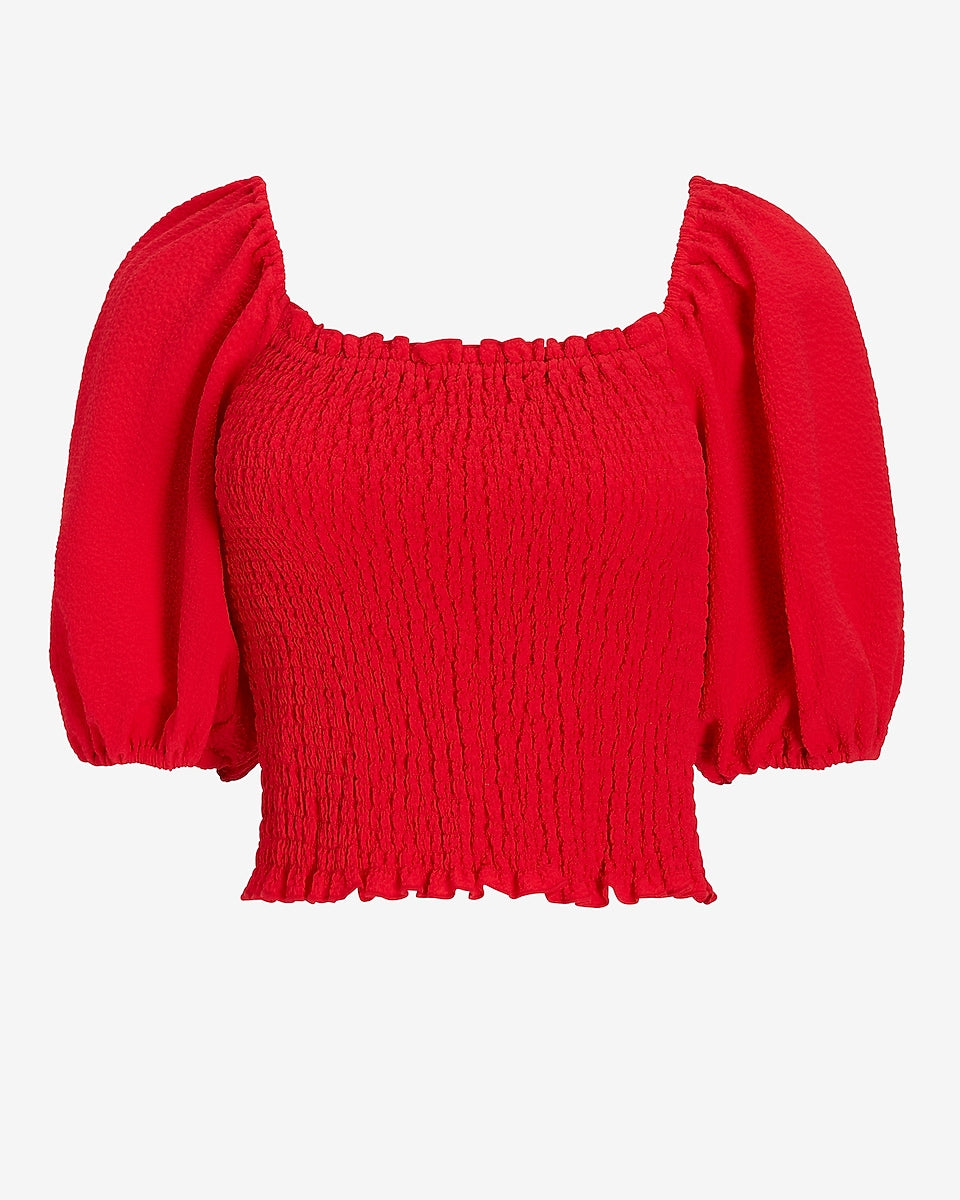 Smocked Body Puff Sleeve Crop Top