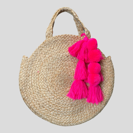 Circle Straw Bag w/Fushia Details