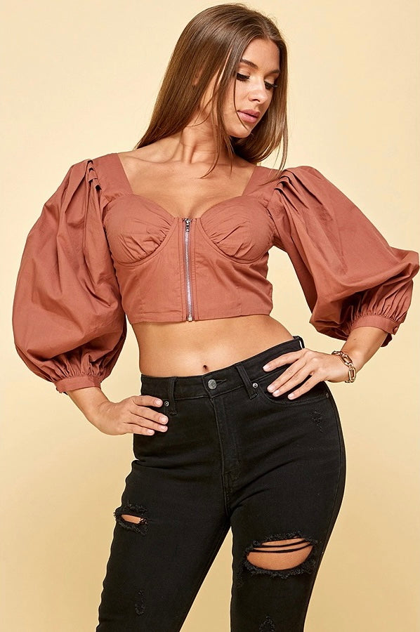 Cropped Puff Shoulder Long Sleeve Top