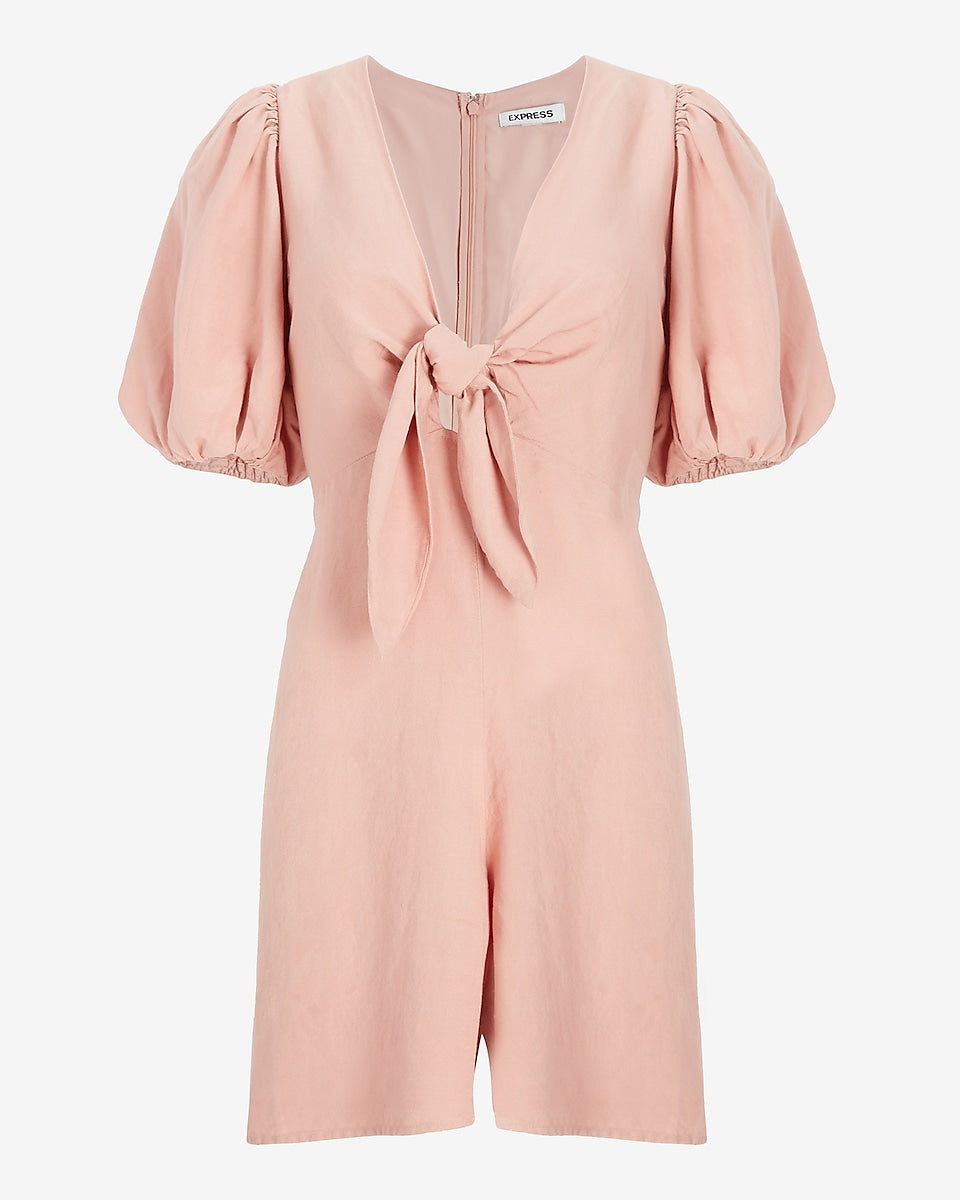 Linen-Blend Puff Sleeve Romper