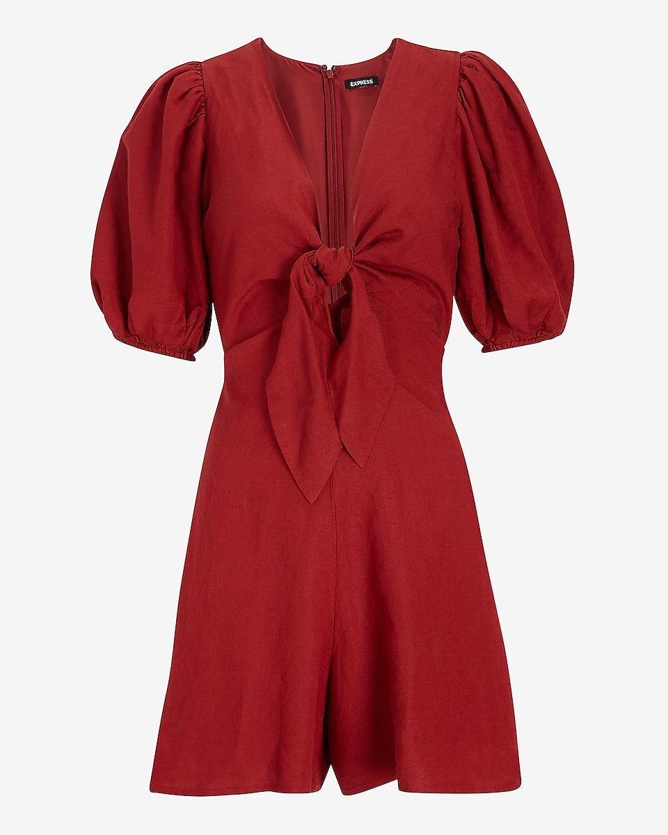 Linen-Blend Puff Sleeve Romper